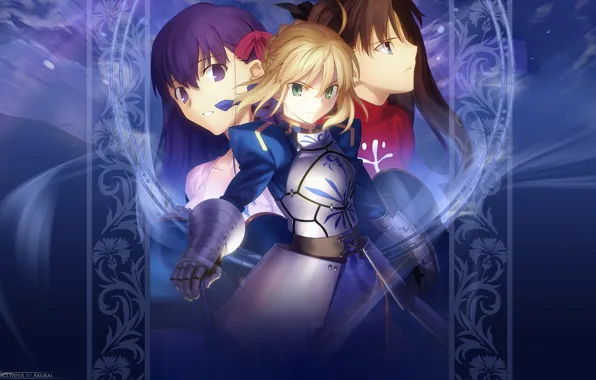 Фон, девушки, трио, Тосака Рин, сейбер, Судьба ночь схватки, Fate / Stay Night