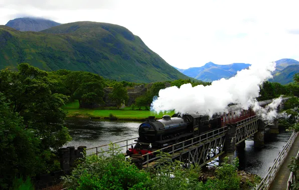 Картинка горы, река, поезд, Hogwarts Express