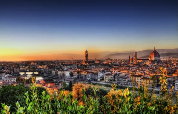 Восход, здания, дома, Италия, панорама, Флоренция, Italy, bridge