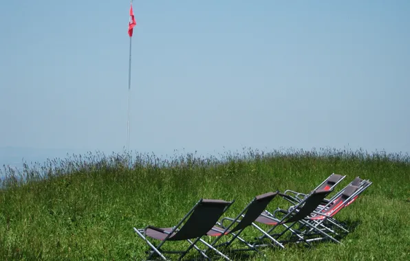 Summer, flag, meadow, loungers, flagstaff, deckchairs