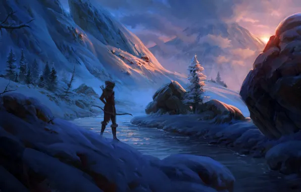 Картинка снег, закат, горы, ручей, камни, воин, арт, путник