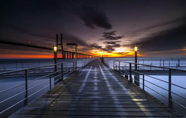 Картинка море, закат, мост