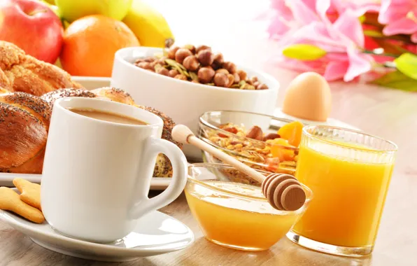 Картинка кофе, еда, завтрак, печенье, сок, мед, ложка, чашка