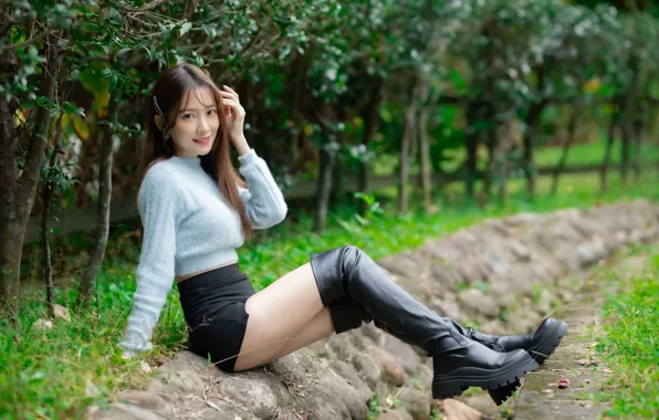 Картинка Asian, long hair, model, women, sitting, dark hair, boots, sweater