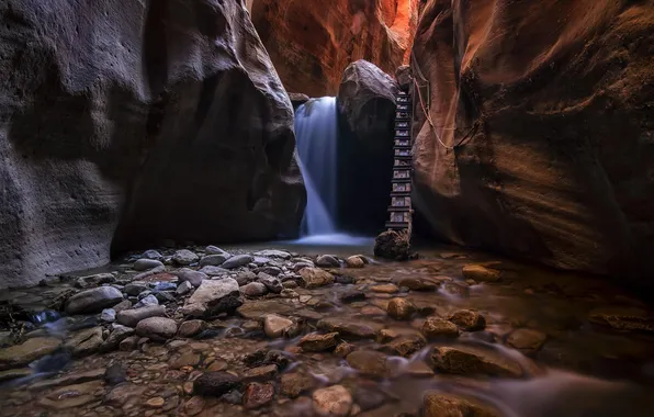 Картинка вода, ручей, камни, скалы, поток, лестница, каньон, Юта