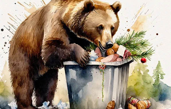 Медведь, живопись, бурый, мусорный бак, пропитание, имитация живописи, ИИ-арт, нейросеть