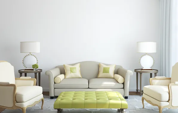 Картинка комната, диван, ковёр, подушки, кресла, светильники, столики