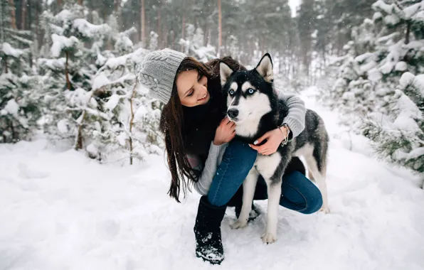 Зима, лес, девушка, снег, деревья, радость, снежинки, природа
