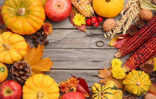 Картинка осень, листья, фон, colorful, урожай, тыква, клен, wood