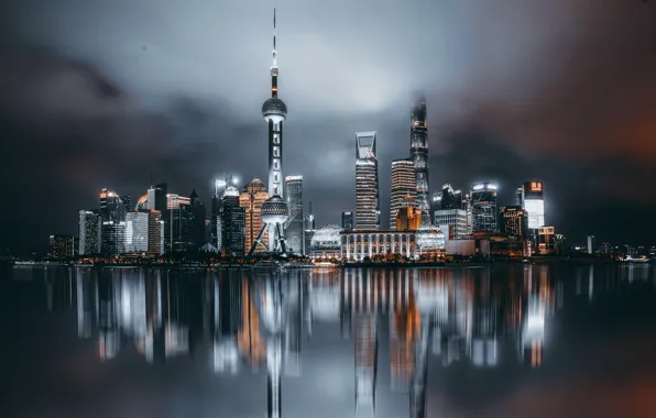 Картинка city, city lights, shanghai, cityscape, night city, reflections