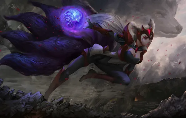 Девушка, движение, магия, волк, сфера, Ahri, League Of Legends
