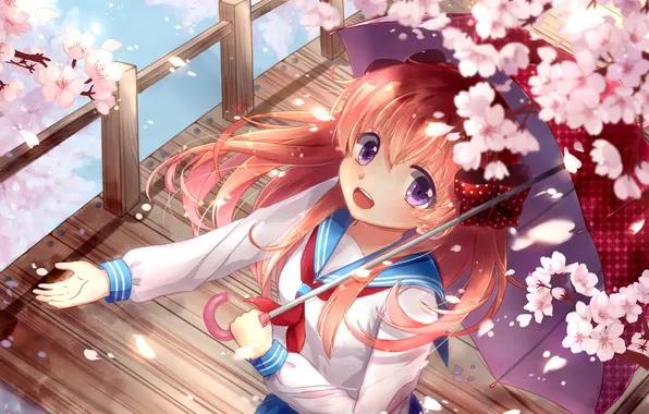 Картинка девушка, мост, улыбка, зонт, аниме, сакура, арт, форма