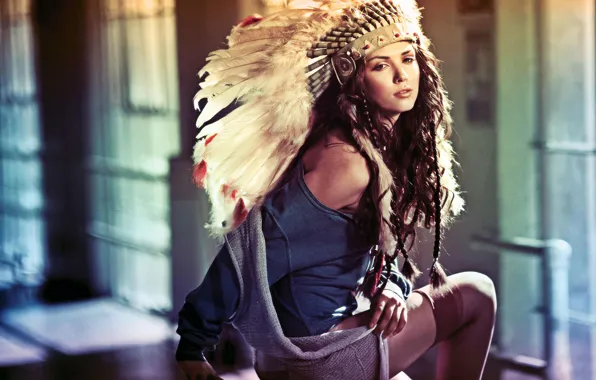 Sexy, woman, background, feathers, cacique