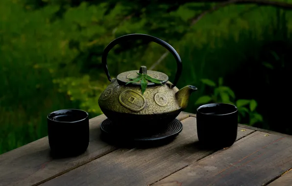 Картинка чашка, чайник, чай, доски, восточная традиция