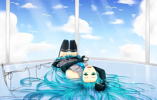 Небо, птицы, поза, Девушка, лежит, микрофон, vocaloid, hatsune miku