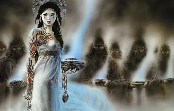 Картинка девушка, корона, макияж, тату, татуировка, азиатка, принцесса, Luis Royo