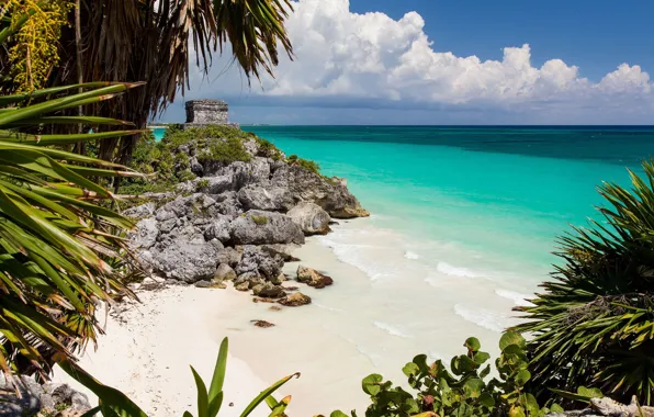 Пляж, океан, Мексика, руины, Mexico, Caribbean Sea, Tulum, Mayan ruins