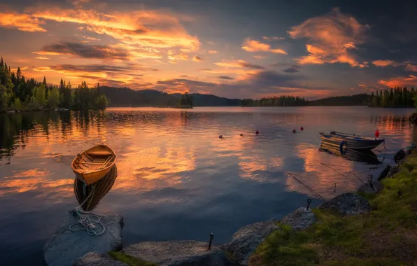 Небо, закат, озеро, лодки, Норвегия, Norway, Ringerike, Ole Henrik Skjelstad
