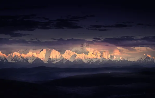 Sky, mountains, sunrise, Tibet, Гималаи, Himalayas, mounts