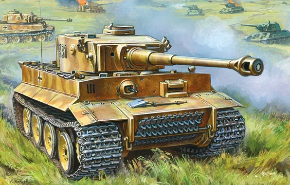 Поле, бой, арт, танки, Великая Отечественная война, немецкие, тяжёлые, Panzerkampfwagen VI