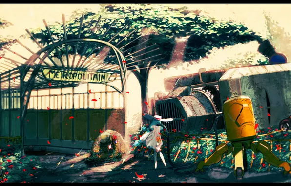 Картинка девушка, солнце, деревья, цветы, природа, метро, шляпа, аниме