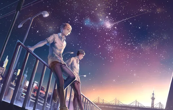 Картинка звезды, ночь, город, фонари, парни, падающая звезда, Kuroko no Basket, Kiyoshi Teppei