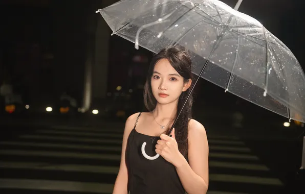 Dark, Beautiful, Asian, Model, Night, Rain, Umbrella, Woman