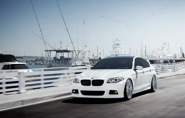 Картинка бмв, скорость, яхты, BMW, причал, белая, white, F10