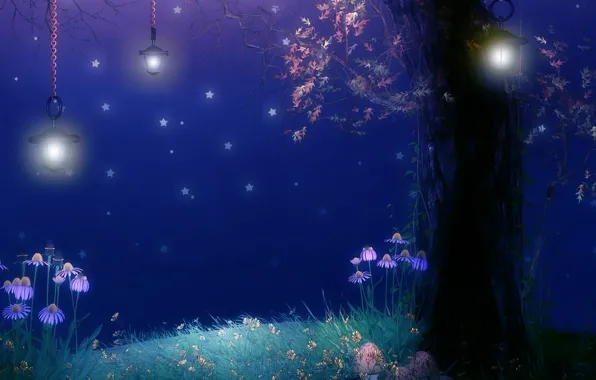 Картинка цветы, ночь, дерево, листва, грибы, звёзды, фонари