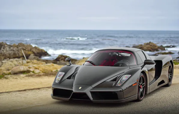 Ferrari, black, ocean, enzo