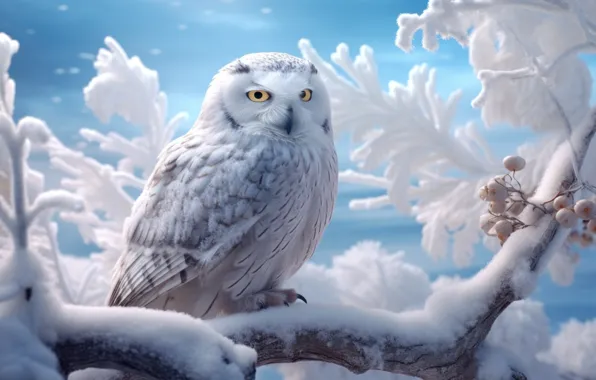 Картинка взгляд, снег, сова, зима, ИИ-арт, природа, птица, полярная сова