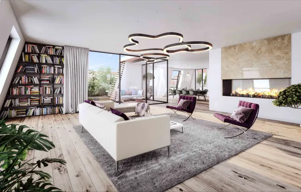 Интерьер, Прага, камин, библиотека, гостиная, столовая, Troja, Penthouse Magnolia