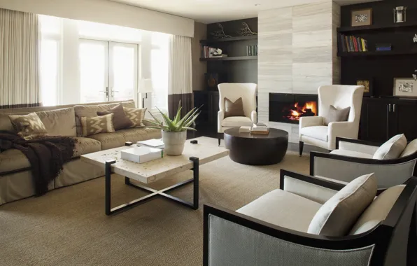 Картинка дизайн, комната, огонь, интерьер, кресло, камин, квартира, стиль. диван
