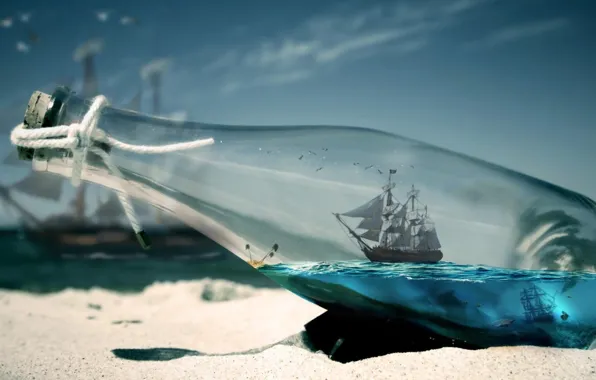 Картинка песок, море, кораблик, в бутылке