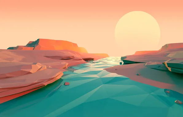 Солнце, Горы, Река, Графика, Low Poly