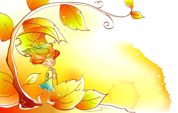 Картинка осень, листья, улыбка, дождь, вектор, девочка