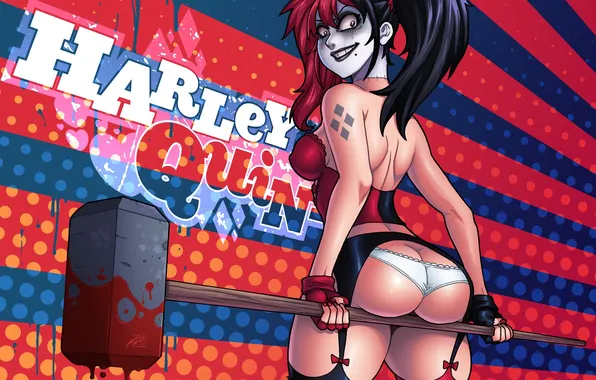 Попа, девушка, batman, кровь, трусики, злодей, кувалда, harley quinn