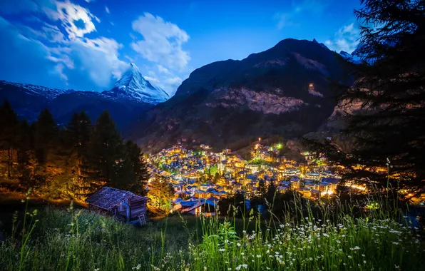 Картинка пейзаж, горы, ночь, огни, Moonlit Matterhorn