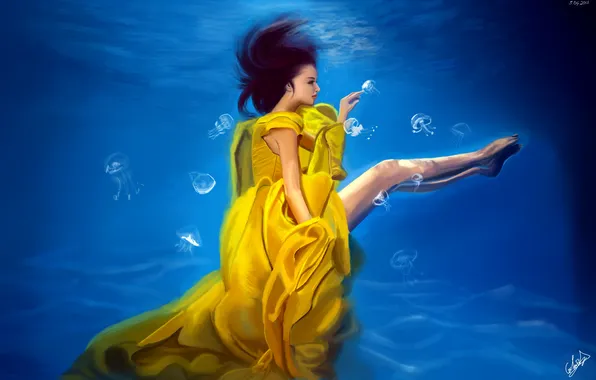 Девушка, лицо, арт, медузы, профиль, ножки, живопись, под водой