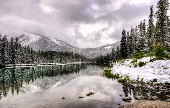 Картинка зима, вода, облака, снег, деревья, пейзаж, горы, природа