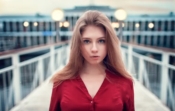 Картинка девушка, мост, огни, река, портрет, макияж, прическа, фонари