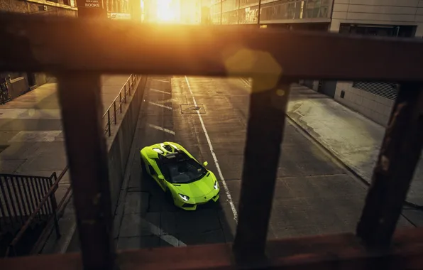 Картинка Roadster, Lamborghini, City, Chicago, Green, Front, Sunset, Downtown