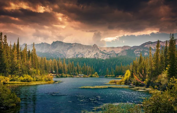 Осень, лес, небо, вода, облака, горы, тучи, река