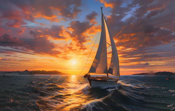Море, солнце, пейзаж, природа, корабль, вечер, яхта