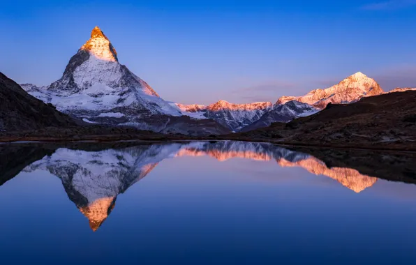 Горы, озеро, отражение, Швейцария, Альпы, Switzerland, Alps, Matterhorn Mountain