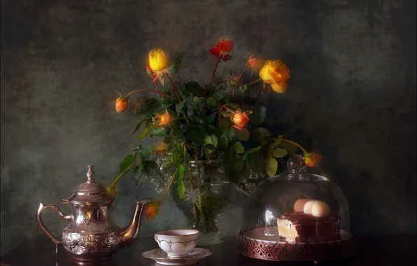 Цветы, чай, букет, чайник, пирог, кружка, чашка, торт
