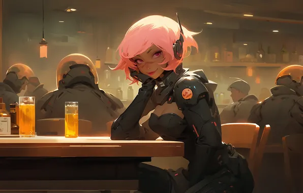 Science fiction, bar, cyberpunk, women, sitting, illustration, looking at viewer, AI art