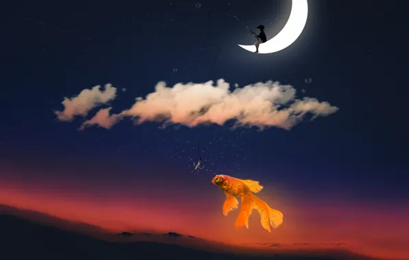 Картинка небо, облака, закат, луна, рыбалка, рыба, звёзды, месяц