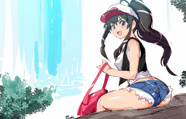 Girl, sexy, ass, shorts, long hair, nature, anime, blue eyes