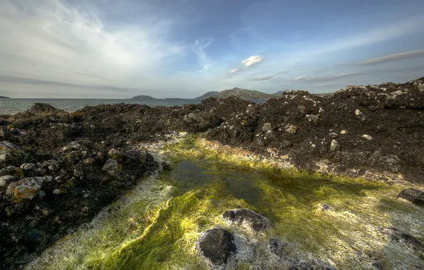 Картинка горы, камни, Ирландия, Ireland, водросли, County Donegal, Portsalon Beach, Knockalla Bay